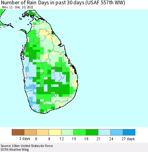 Sri Lanka Number of Rain Days in past 30 days (USAF 557th WW) 12/10/2021 Thematic Map For 12/6/2021 - 12/10/2021