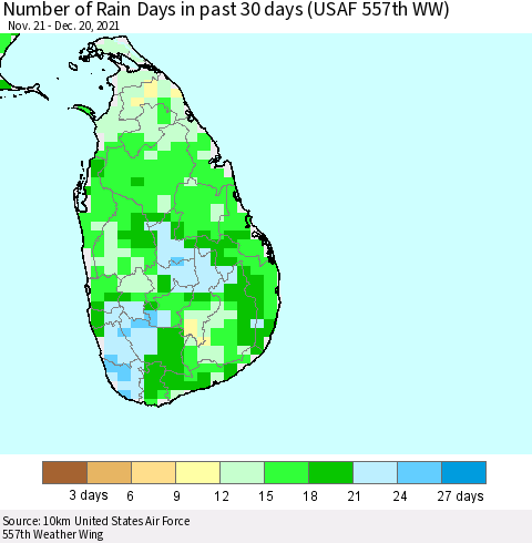 Sri Lanka Number of Rain Days in past 30 days (USAF 557th WW) 12/20/2021 Thematic Map For 12/16/2021 - 12/20/2021