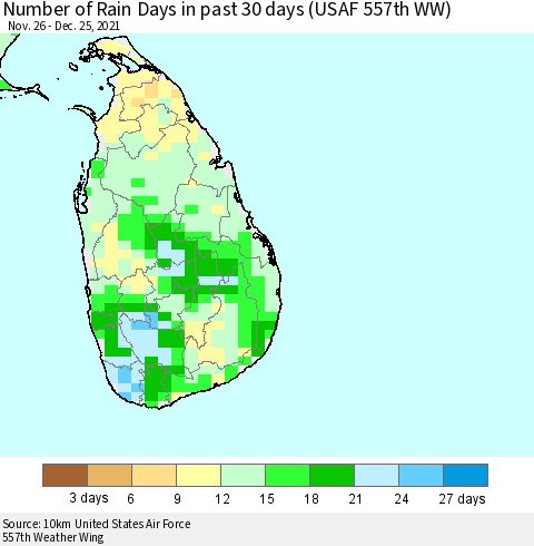 Sri Lanka Number of Rain Days in past 30 days (USAF 557th WW) 12/25/2021 Thematic Map For 12/21/2021 - 12/25/2021
