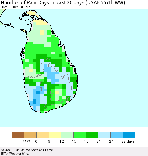 Sri Lanka Number of Rain Days in past 30 days (USAF 557th WW) 12/31/2021 Thematic Map For 12/26/2021 - 12/31/2021