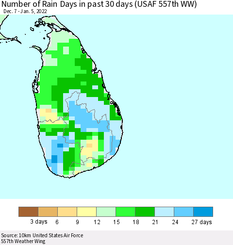 Sri Lanka Number of Rain Days in past 30 days (USAF 557th WW) 01/05/2022 Thematic Map For 1/1/2022 - 1/5/2022
