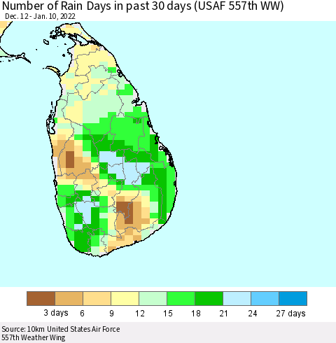 Sri Lanka Number of Rain Days in past 30 days (USAF 557th WW) 01/10/2022 Thematic Map For 1/6/2022 - 1/10/2022