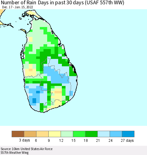 Sri Lanka Number of Rain Days in past 30 days (USAF 557th WW) 01/15/2022 Thematic Map For 1/11/2022 - 1/15/2022