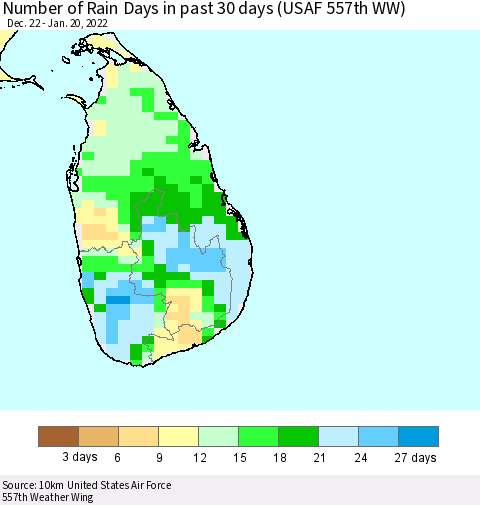 Sri Lanka Number of Rain Days in past 30 days (USAF 557th WW) 01/20/2022 Thematic Map For 1/16/2022 - 1/20/2022