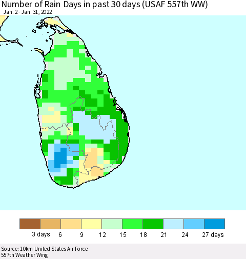 Sri Lanka Number of Rain Days in past 30 days (USAF 557th WW) 01/31/2022 Thematic Map For 1/26/2022 - 1/31/2022