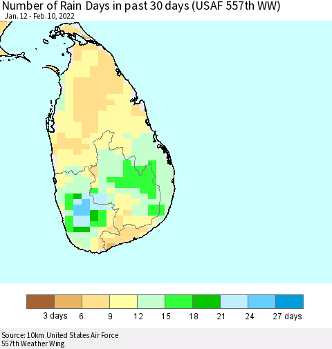 Sri Lanka Number of Rain Days in past 30 days (USAF 557th WW) 02/10/2022 Thematic Map For 2/6/2022 - 2/10/2022