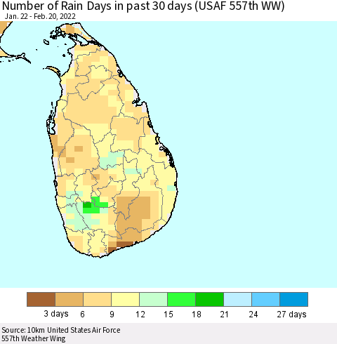 Sri Lanka Number of Rain Days in past 30 days (USAF 557th WW) 02/20/2022 Thematic Map For 2/16/2022 - 2/20/2022