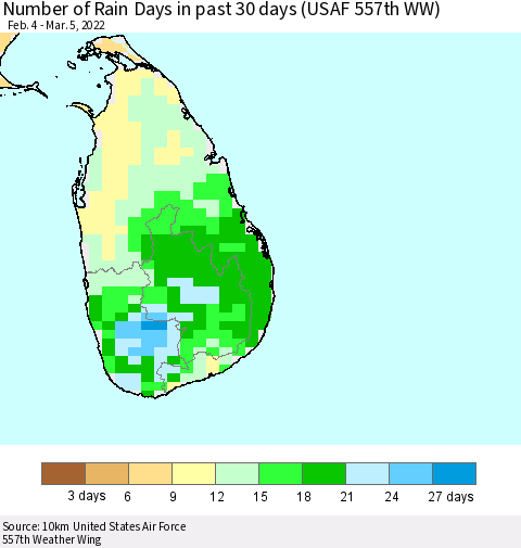 Sri Lanka Number of Rain Days in past 30 days (USAF 557th WW) 03/05/2022 Thematic Map For 3/1/2022 - 3/5/2022