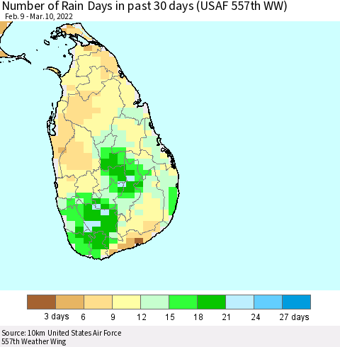 Sri Lanka Number of Rain Days in past 30 days (USAF 557th WW) 03/10/2022 Thematic Map For 3/6/2022 - 3/10/2022