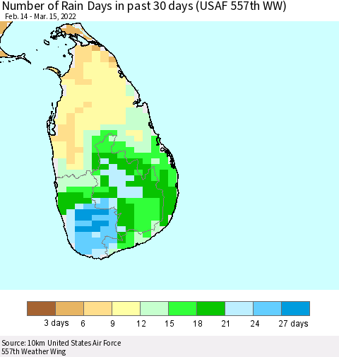 Sri Lanka Number of Rain Days in past 30 days (USAF 557th WW) 03/15/2022 Thematic Map For 3/11/2022 - 3/15/2022