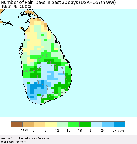 Sri Lanka Number of Rain Days in past 30 days (USAF 557th WW) 03/25/2022 Thematic Map For 3/21/2022 - 3/25/2022