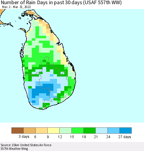 Sri Lanka Number of Rain Days in past 30 days (USAF 557th WW) 03/31/2022 Thematic Map For 3/26/2022 - 3/31/2022