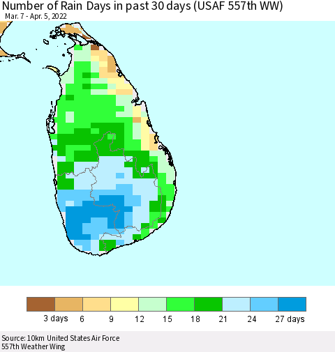 Sri Lanka Number of Rain Days in past 30 days (USAF 557th WW) 04/05/2022 Thematic Map For 4/1/2022 - 4/5/2022