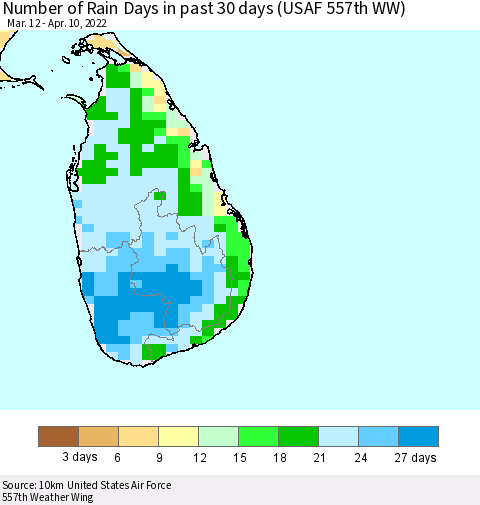 Sri Lanka Number of Rain Days in past 30 days (USAF 557th WW) 04/10/2022 Thematic Map For 4/6/2022 - 4/10/2022
