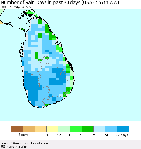 Sri Lanka Number of Rain Days in past 30 days (USAF 557th WW) 05/15/2022 Thematic Map For 5/11/2022 - 5/15/2022