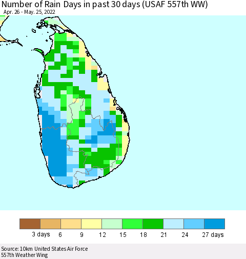 Sri Lanka Number of Rain Days in past 30 days (USAF 557th WW) 05/25/2022 Thematic Map For 5/21/2022 - 5/25/2022