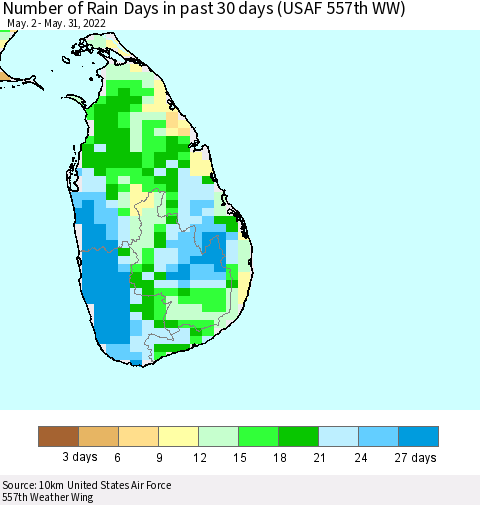Sri Lanka Number of Rain Days in past 30 days (USAF 557th WW) 05/31/2022 Thematic Map For 5/26/2022 - 5/31/2022