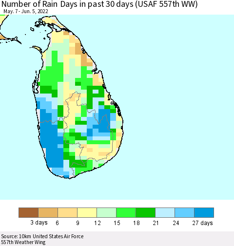 Sri Lanka Number of Rain Days in past 30 days (USAF 557th WW) 06/05/2022 Thematic Map For 6/1/2022 - 6/5/2022