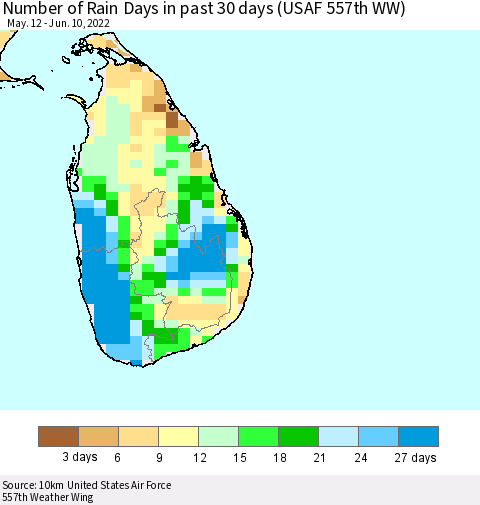 Sri Lanka Number of Rain Days in past 30 days (USAF 557th WW) 06/10/2022 Thematic Map For 6/6/2022 - 6/10/2022