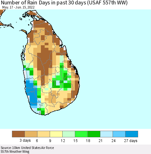 Sri Lanka Number of Rain Days in past 30 days (USAF 557th WW) 06/15/2022 Thematic Map For 6/11/2022 - 6/15/2022