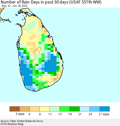 Sri Lanka Number of Rain Days in past 30 days (USAF 557th WW) 06/20/2022 Thematic Map For 6/16/2022 - 6/20/2022