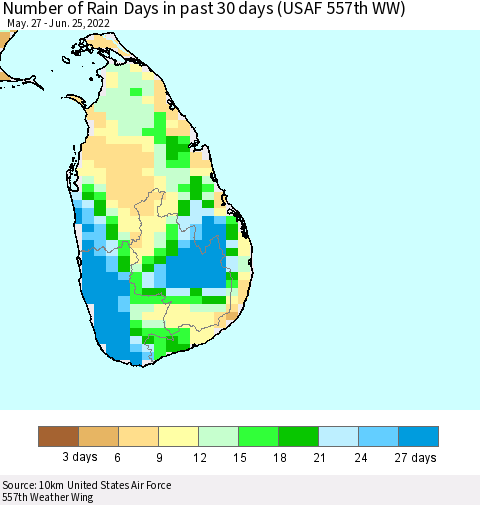 Sri Lanka Number of Rain Days in past 30 days (USAF 557th WW) 06/25/2022 Thematic Map For 6/21/2022 - 6/25/2022