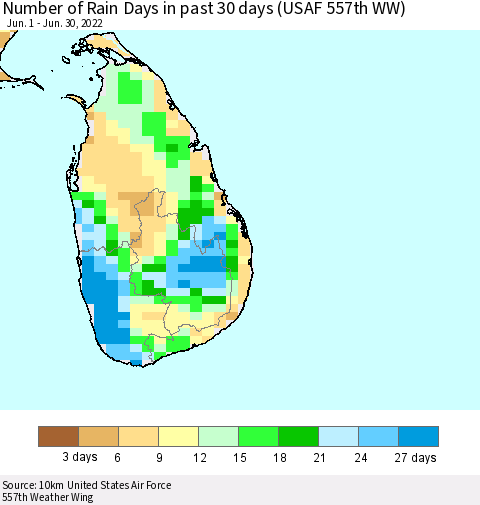 Sri Lanka Number of Rain Days in past 30 days (USAF 557th WW) 06/30/2022 Thematic Map For 6/26/2022 - 6/30/2022