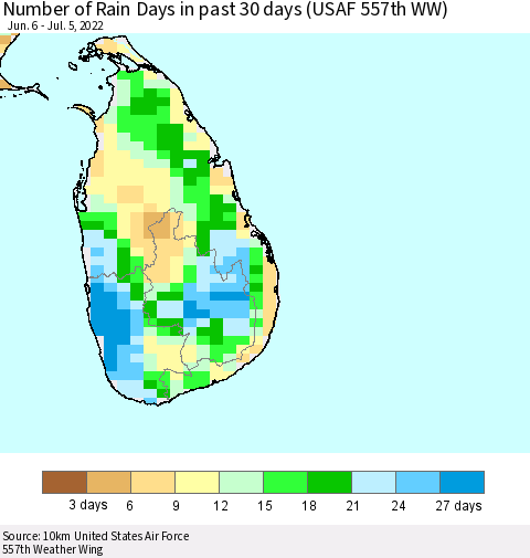 Sri Lanka Number of Rain Days in past 30 days (USAF 557th WW) 07/05/2022 Thematic Map For 7/1/2022 - 7/5/2022