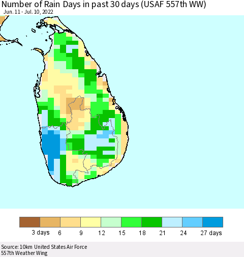 Sri Lanka Number of Rain Days in past 30 days (USAF 557th WW) 07/10/2022 Thematic Map For 7/6/2022 - 7/10/2022
