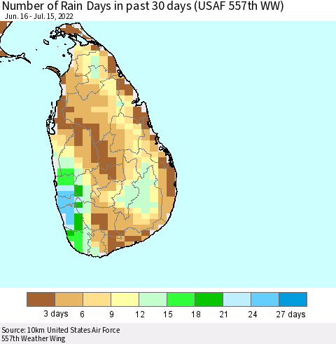 Sri Lanka Number of Rain Days in past 30 days (USAF 557th WW) 07/15/2022 Thematic Map For 7/11/2022 - 7/15/2022