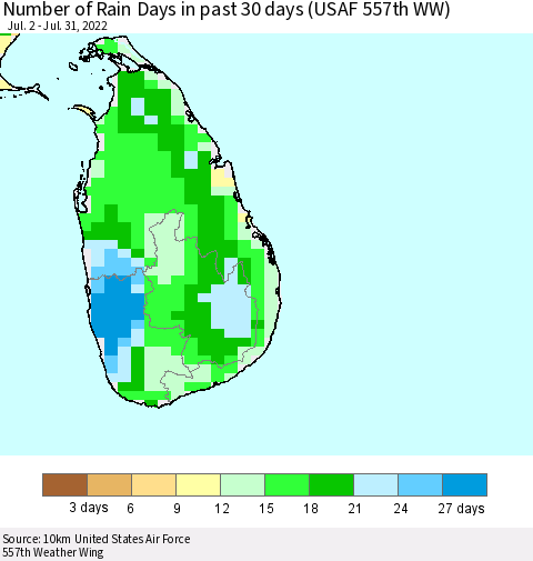 Sri Lanka Number of Rain Days in past 30 days (USAF 557th WW) 07/31/2022 Thematic Map For 7/26/2022 - 7/31/2022