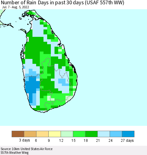 Sri Lanka Number of Rain Days in past 30 days (USAF 557th WW) 08/05/2022 Thematic Map For 8/1/2022 - 8/5/2022