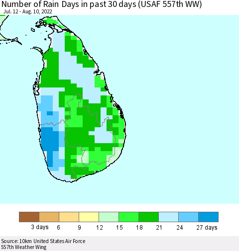 Sri Lanka Number of Rain Days in past 30 days (USAF 557th WW) 08/10/2022 Thematic Map For 8/6/2022 - 8/10/2022