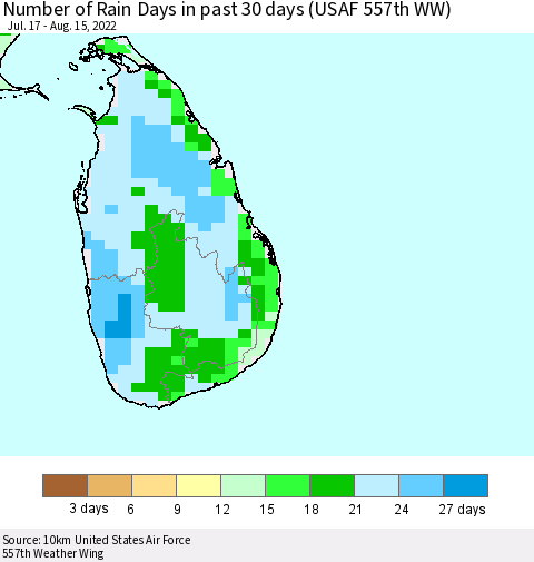 Sri Lanka Number of Rain Days in past 30 days (USAF 557th WW) 08/15/2022 Thematic Map For 8/11/2022 - 8/15/2022