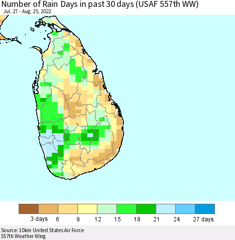 Sri Lanka Number of Rain Days in past 30 days (USAF 557th WW) 08/25/2022 Thematic Map For 8/21/2022 - 8/25/2022