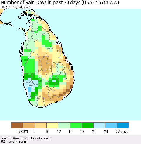 Sri Lanka Number of Rain Days in past 30 days (USAF 557th WW) 08/31/2022 Thematic Map For 8/26/2022 - 8/31/2022