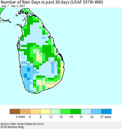 Sri Lanka Number of Rain Days in past 30 days (USAF 557th WW) 09/05/2022 Thematic Map For 9/1/2022 - 9/5/2022
