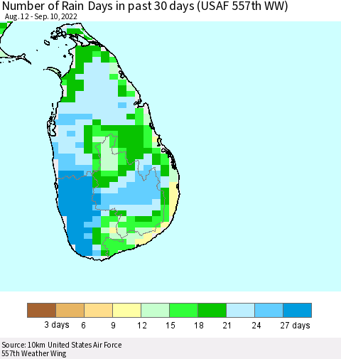 Sri Lanka Number of Rain Days in past 30 days (USAF 557th WW) 09/10/2022 Thematic Map For 9/6/2022 - 9/10/2022