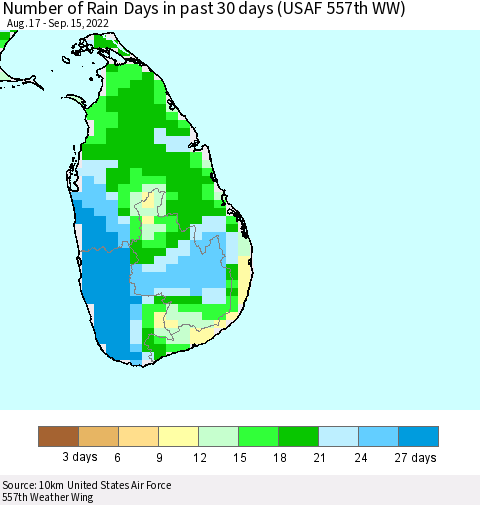 Sri Lanka Number of Rain Days in past 30 days (USAF 557th WW) 09/15/2022 Thematic Map For 9/11/2022 - 9/15/2022