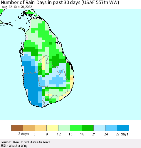Sri Lanka Number of Rain Days in past 30 days (USAF 557th WW) 09/20/2022 Thematic Map For 9/16/2022 - 9/20/2022