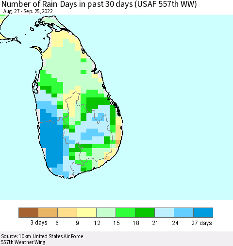Sri Lanka Number of Rain Days in past 30 days (USAF 557th WW) 09/25/2022 Thematic Map For 9/21/2022 - 9/25/2022