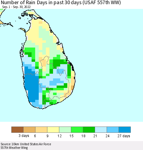 Sri Lanka Number of Rain Days in past 30 days (USAF 557th WW) 09/30/2022 Thematic Map For 9/26/2022 - 9/30/2022