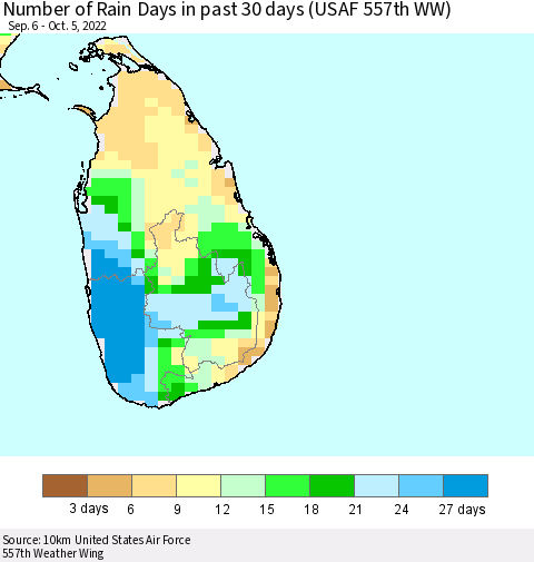 Sri Lanka Number of Rain Days in past 30 days (USAF 557th WW) 10/05/2022 Thematic Map For 10/1/2022 - 10/5/2022