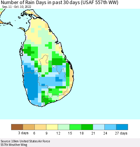 Sri Lanka Number of Rain Days in past 30 days (USAF 557th WW) 10/10/2022 Thematic Map For 10/6/2022 - 10/10/2022