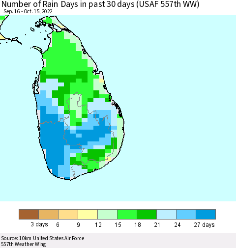 Sri Lanka Number of Rain Days in past 30 days (USAF 557th WW) 10/15/2022 Thematic Map For 10/11/2022 - 10/15/2022
