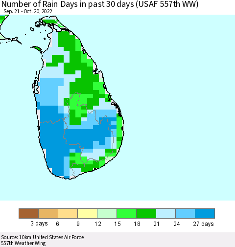Sri Lanka Number of Rain Days in past 30 days (USAF 557th WW) 10/20/2022 Thematic Map For 10/16/2022 - 10/20/2022