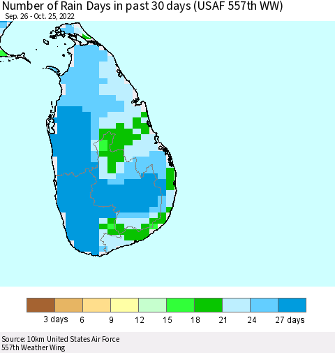 Sri Lanka Number of Rain Days in past 30 days (USAF 557th WW) 10/25/2022 Thematic Map For 10/21/2022 - 10/25/2022