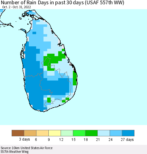 Sri Lanka Number of Rain Days in past 30 days (USAF 557th WW) 10/31/2022 Thematic Map For 10/26/2022 - 10/31/2022