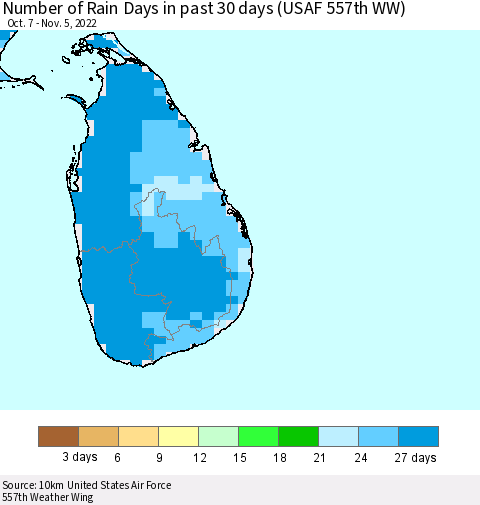 Sri Lanka Number of Rain Days in past 30 days (USAF 557th WW) Thematic Map For 11/1/2022 - 11/5/2022