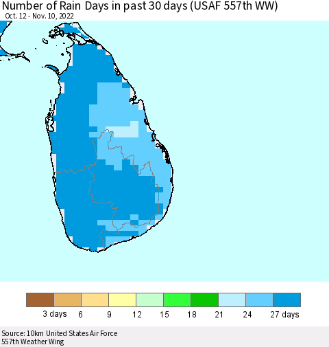 Sri Lanka Number of Rain Days in past 30 days (USAF 557th WW) 11/10/2022 Thematic Map For 11/6/2022 - 11/10/2022
